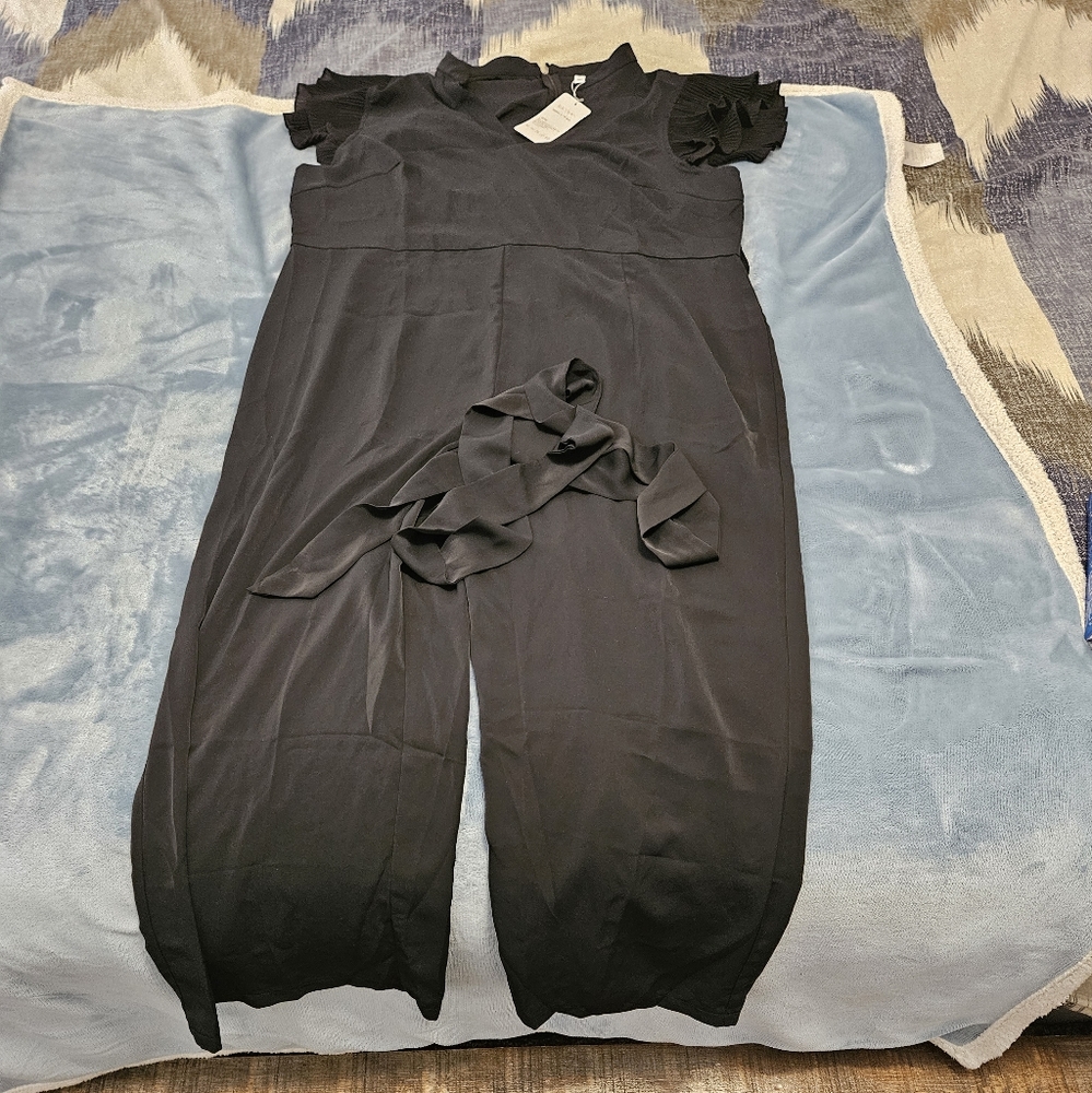 Women's Ruffle Sleeve Belted Jumpsuit - Picture 10 of 11